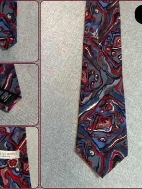 Martin Wong Abstract Silk Tie Red Blue Gray Marbled Vintage USA